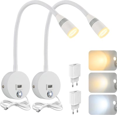 Dimbare LED Wandlamp met USB Oplaadpoort en Flexibele Zwanenhals - 360° Verstelbare Wandeenlamp (Set van 2)