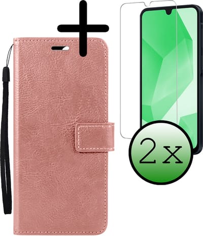Hoesje Met 2x Screenprotector - Geschikt voor Samsung Galaxy A16 - Luxe Pasjeshouder - Bookcase Portemonee - Flip Case - Kunstleer Book Case - Flipcase Hoes - Book Cover - Walletcase - Portemonneehoes - Rosé goud