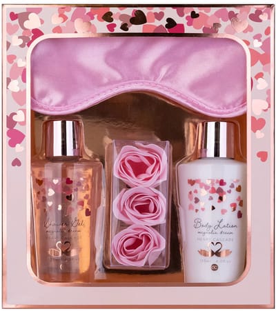 Heart Cascade Luxe & Romantische Verzorgingscadeau – Bodylotion 120 ml, Showergel 120 ml, 3 Rozenbadbloemen & Satijnen Slaapmasker – Romantische Giftset voor Haar – Magnolia Dream Geur
