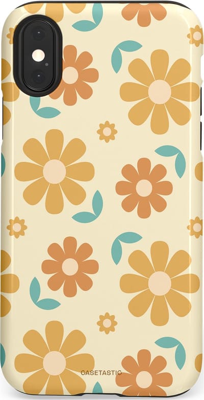 Casetastic hoesje geschikt voor Apple iPhone X / Apple iPhone XS - Dubbellaagse bescherming - Flower power Retro Bloemen - Geel - Oranje - Blauw - Fashion Case - Crème Goud Perzik