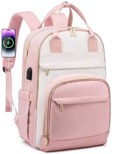 Rugzak voor dames, laptoprugzak, 15,6 inch, schoolrugzak, meisjes, tieners, waterdicht, schooltas, jongens, anti-diefstal, rugzak met laptopvak, voor school, reizen, zakelijk, leraar (beige+roze)