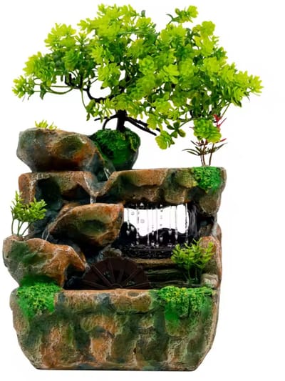 Rustgevende Tafelwaterval met LED Verlichting & Waterrad - Feng Shui Decoratie - Inclusief Kunstboom & Waterpomp - 30cm Hoog