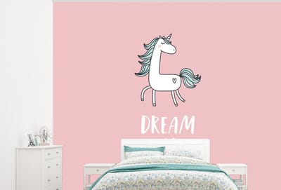 Behang kinderen - Kinderkamer decoratie - Eenhoorn - Roze - Quotes - Dream big - Meisjes - Kinderen - 300x240 cm - Wanddecoratie meisjes kamer - Kinderbehang