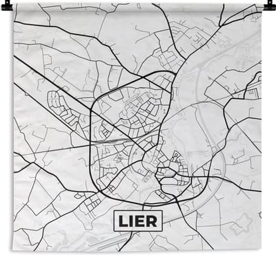 Wandkleed - Wanddoek - Zwart Wit – België – Plattegrond – Stadskaart – Kaart – Lier - 180x180 cm - Wandtapijt
