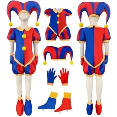 Circus Jumpsuit Theater Cartoon Pomni Digitale Cosplay Hoed Pakken Kleding Kinderen Cadeaus Feest Carnaval Vestido Kerstkostuum Height 110cm red