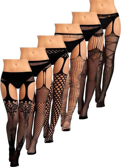 6 Paar Dames Visnet Kousen met Suspenders, Hoge Kousen, Kanten Panty voor Halloween Kostuums, Zwart, One Size, Perfect voor Feestjes en Avondkleding