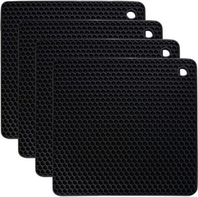 QTTVBTNA - Siliconen pannenlappen - Antislip Placemat - Vierkante honingraat placemat - Veelzijdig - Zwart - 18.5 x 18.5cm - set van 4