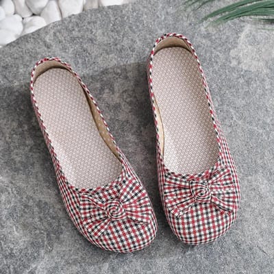 Geruit Strik Platte Zool Comfortabele Canvas Schoenen Lente Zomer Fell Casual Ademend Dames Middenleeftijd Moeder Oude Peking Stoffen Schoenen 40 rood