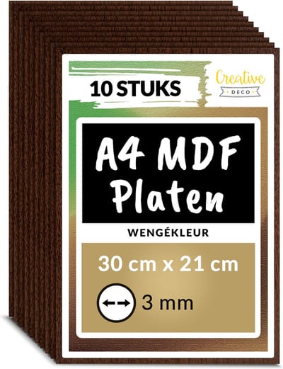 Creative Deco 10 x A4 MDF - Plaat Bruin | 300 x 210 x 3 mm | Perfect voor Lasersnijden, CNC - Frezen, Modelleren, Freeswerk, Figuurzagen