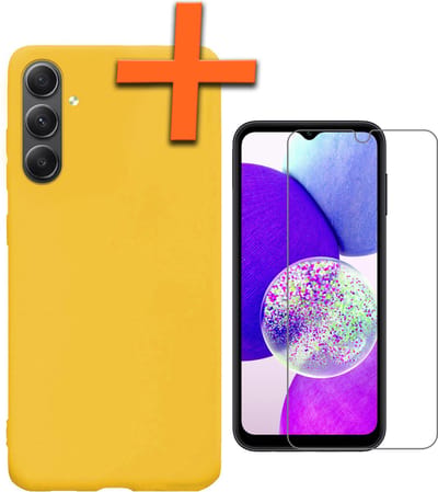 Hoes - Met Screenprotector - Geschikt voor Samsung Galaxy A14 - Sterk & Shockproof - Back Cover - Siliconen Case - Telefoon Hoes - Geel