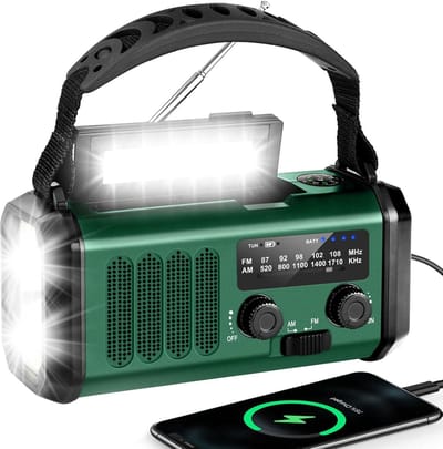 Noodradio - 10000 mAh - Noodradio Solar Opwindbaar- Handbediend en op zonne-energie - Oplaadbare batterij - Ingebouwde zaklamp, leeslamp en kompas - SOS-signaal - AM/FM-radio - Draagbaar - Noodpakket - Geschikt voor kamperen en noodgevallen - groente
