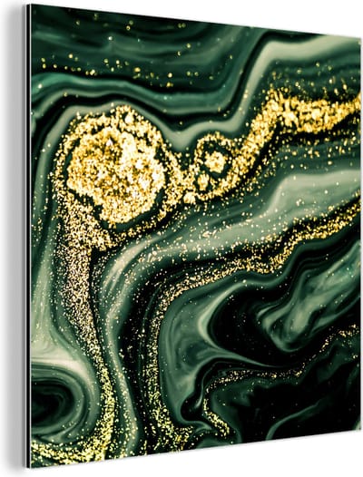 Wanddecoratie Metaal - Aluminium Schilderij Industrieel - Marmer - Goud - Glitter - Groen - Marmerlook - Luxe - 90x90 cm - Dibond - Foto op aluminium - Industriële muurdecoratie - Voor de woonkamer/slaapkamer