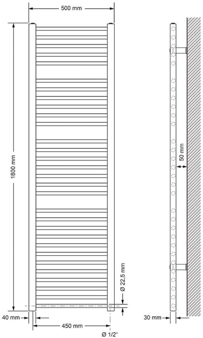 Elektrische badkamerradiator met verwarmingselement 1200W 500x1800 mm antraciet recht met zijaansluiting