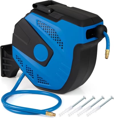 KOMFOTTEU Wandgemonteerde slanghaspel 15 m, slanghaspel met 180° draaibare houder en wandbevestiging, automatische oprolfunctie, complete intrekbare set voor gazon, tuin, auto (15 m, blauw)