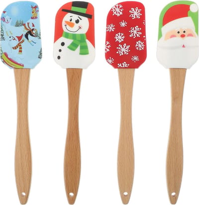 Kerstmis thema siliconen deegschraper met houten handvat - hittebestendig - anti-aanbaklaag - taartcrème spatel - bakspatel - kookschraper - 4 stuks