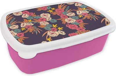Broodtrommel Roze - Lunchbox - Brooddoos - Boeket - Bloemen - Tropisch - Patroon - 18x12x6 cm - Kinderen - Meisje