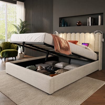 HAUSS SPOLE Bed 140x200 cm - Tweepersoonsbed Met Leeslamp en USB - Opbergruimte - Zonder Matras - Linnen - Natuurlijk