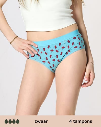 Moodies menstruatie ondergoed tiener - Bamboe Hipster - zwaar kruisje - maat 140-146 (XXS) - print kersen