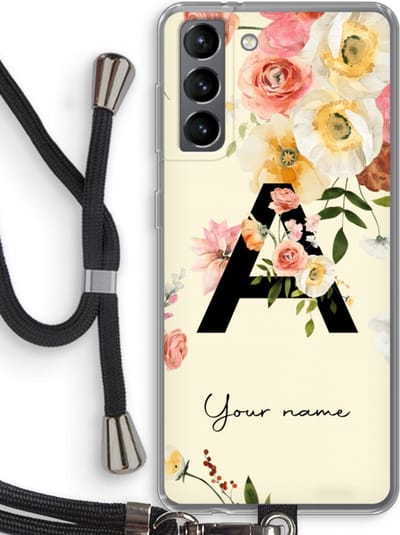 Gepersonaliseerd - Case Company® - Hoesje met koord geschikt voor Samsung Galaxy S21 hoesje met Koord - Flirty Flowers Monogram - Telefoonhoesje met Zwart Koord - Bescherming aan alle Kanten en Over de Schermrand
