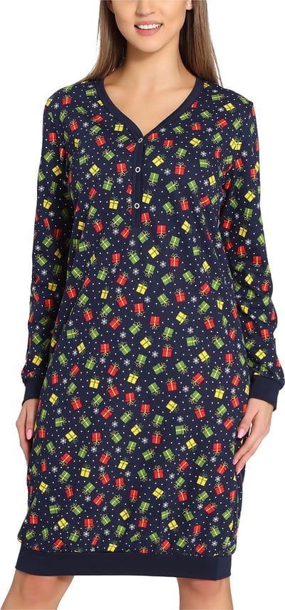 Merry Style Dames Nachtemd - Nachtjapon - Lange mouwen - Katoen - MS-MS10-179-ND - Marineblauw/Cadeaus - L
