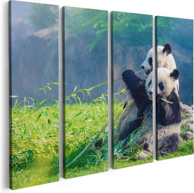 Artaza Canvas Schilderij Vierluik Twee Panda's Eten Bamboe Riet - 80x60 - Foto Op Canvas - Canvas Print