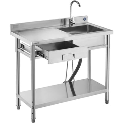 Évier utilitaire en acier inoxydable, Évier de cuisine commercial autoportant à cuve unique avec tiroir, Robinet et tuyau d'eau chaude et froide, Lavabo utilitaire pour