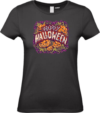 Dames t-shirt Happy Halloween pompoen | Halloween kostuum kind dames heren | verkleedkleren meisje jongen | Zwart | maat XS