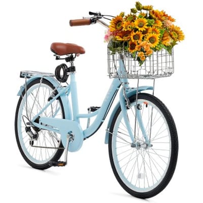 VEVOR Cruiserfiets met 7 versnellingen (banddiameter 61 cm) Strandfiets met grote mand en bagagedrager, Cruiserfiets met verstelbare zitting, voor fietsen, sporten en winkelen Blauw