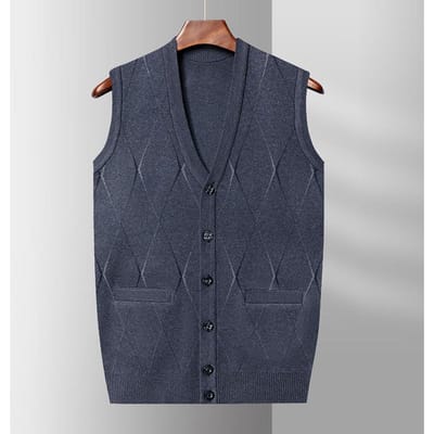 Gilet Pull Homme d'âge moyen et âgé Gilet Grand-père Pull sans manches Col en V Cardigan Laine Vêtements d'automne pour papa XL black