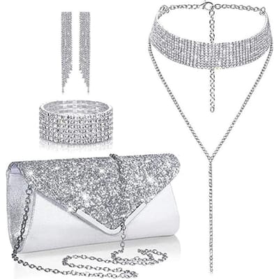 Mode Set Ketting Bodem Diamant Niche Geometrisch Kwast Oorbellen Armband Diner Tas Vierdelig Dames Set white
