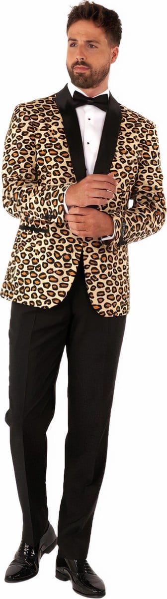 OppoSuits The Jag - Heren Tuxedo Smoking met Vlinderdas - Chique - Carnavalskleding - Panterprint - Beige - Maat EU 46