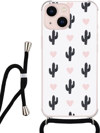 Hoesje met koord - Geschikt voor iPhone 13 - Cactus - Verstelbaar zwart koord - Transparant, Groen - Planten - Leuke Telefoonhoesjes