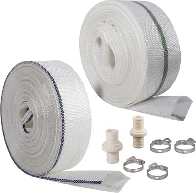 slangset, 2 rollen Ø 25 mm (1 inch) & Ø 32 mm (1 1/4 inch), 10 m platte slang, afvoerslang, pompslang met 4, tot 10 bar belastbaar, slangklemmen voor afvoervijvers, dompelpompen