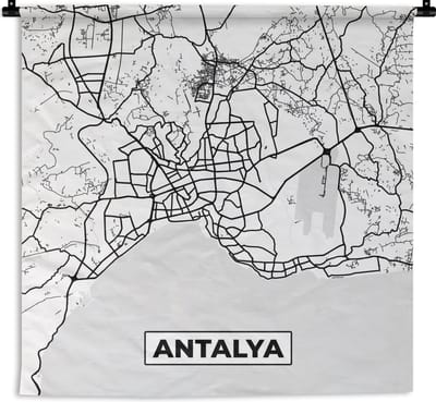 Wandkleed - Wanddoek - Antalya - Stadskaart - Plattegrond - Zwart Wit - Kaart - 180x180 cm - Wandtapijt