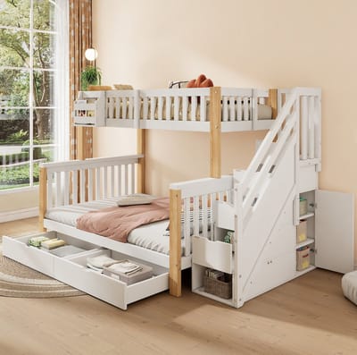 MEUNIQ Stapelbed 205 x 145 x 164 cm met trapkast, lades, opbergvakken en lattenbodem, kinderbed voor 90x200 en 140x200 cm matras, wit + naturel