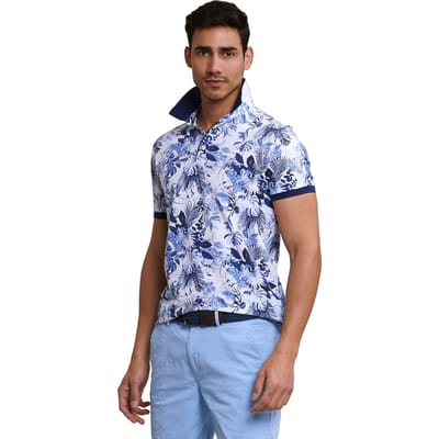 River Woods Custom Fit Floral Cotton Polo Off White Size: XL | Polo Shirts Outlet | Heren | Blauw