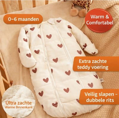 Heerlijk zachte Newborn Baby Slaapzak , 0–6 Maanden Hartjes– Extra Zacht & Warm – Met Dubbele Rits – Unisex – Teddy Voering