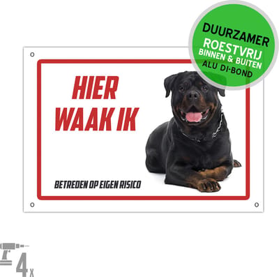 Waakbord Dibond + boorgaten | Rottweiler "Hier waak ik - Betreden op eigen risico" | 30 x 20 cm | Duurzaam | Roestvrij bord | Hond | 1 stuk