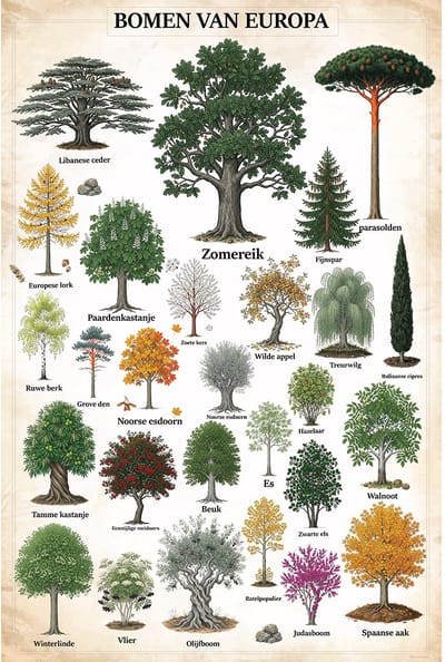 Vintage Poster Bomen van Europa - 43 x 61 cm - Kleurmedia® Retro Botanische Collectie 2026 - Posters met Nederlandse Benamingen