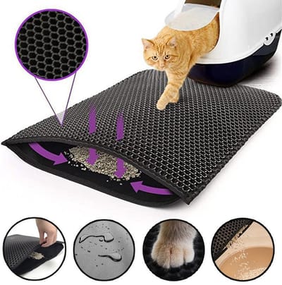Kattenbakmat - Dubbele Honingraatstructuur - Antislip En Waterdicht - Vangt Strooisel Op - Voor Alle Kattenbakken/Strooiselsoorten - Wasbaar - Voor Katteneigenaren - Zwart - 45x60cm - 1 Stuk