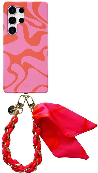 AVY Hoesje Met Telefoonkoord | Geschikt voor Samsung Galaxy S25 Ultra | Compatibel met MagSafe | Hard Shell Back Cover | Stijlvol Bijpassend Koord 32CM | Rosé Twist | Roze