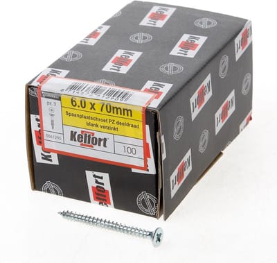 Kelfort Spaanplaatschroef platverzonken kop verzinkt pozidriv deeldraad 6.0 x 70mm (Prijs per 100 stuks)