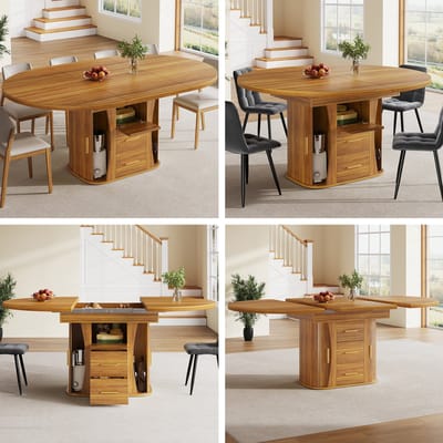 Uitschuifbare eettafel - ronde tafel - uit te breiden tot een ovale vorm - geschikt voor 6 personen - drie lagen opslag - walnotenkleur