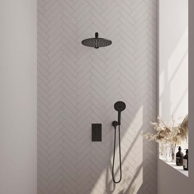 Brauer Black Edition thermostatische inbouw regendouche 3-weg omstelling SET 32 met 30 cm douchekop en rechte muurarm en 3-standen handdouche en doucheslang en wandaansluitbocht mat zwart