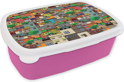 Broodtrommel Roze - Lunchbox - Brooddoos - Patronen - Gebouwen - Zentangle - 18x12x6 cm - Kinderen - Meisje
