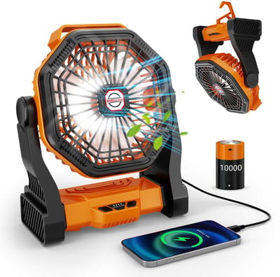 Campingventilator met 20000mAh accu, 4 windsnelheden, stille USB-ventilator met LED-verlichting, 270° draaibaar, oplaadbare tafelventilator, werkt op batterijen, geschikt voor reizen, picknicks en wandelen.