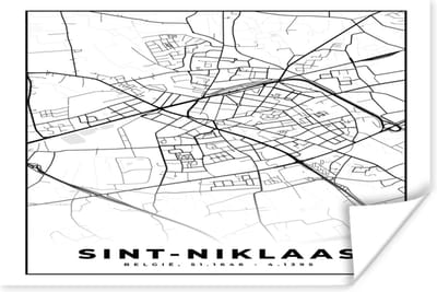 Poster Stadskaart – Plattegrond – België – Zwart Wit – Sint Niklaas – Kaart - 180x120 cm XXL