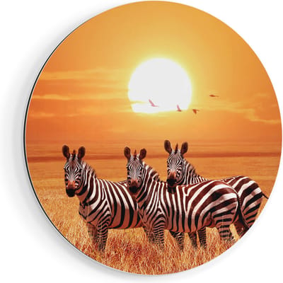 Artaza Dibond Muurcirkel Drie Zebra's Bij Zonsondergang - Ø 40 cm - Klein - Wandcirkel - Rond Schilderij - Voor Binnen en Buiten
