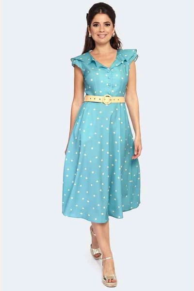 Voodoo Vixen - Polka Dot Wide Collar Flare jurk - L - Blauw