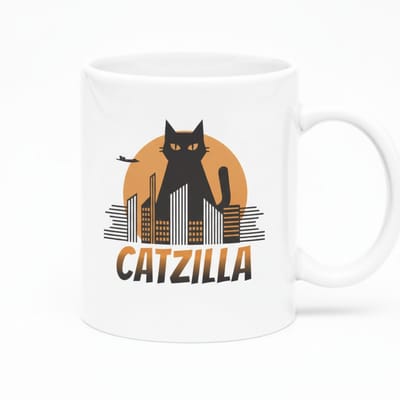 Catzilla Witte Mok 330ml – Grappig Cadeau voor Kattenliefhebbers met Reuzenkat Stadontwerp